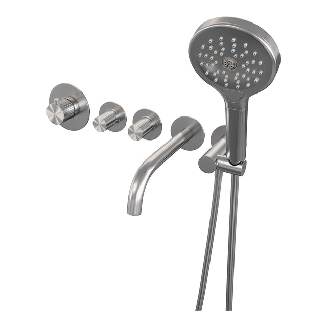 BRAUER Stripe thermostatische inbouw badkraan SET 02 met uitloop en 3-standen handdouche en doucheslang en wandaansluitbocht RVS-kleurig geborsteld PVD 5-NG-358