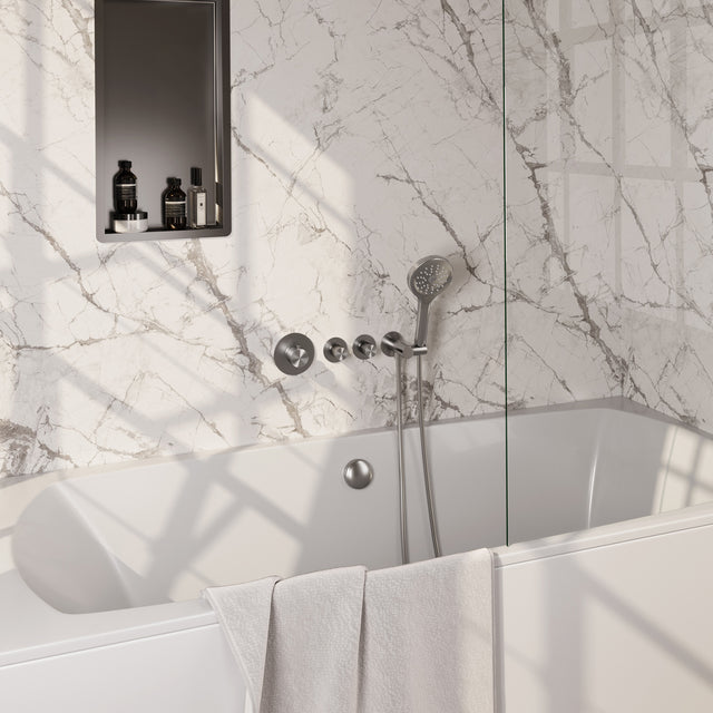 BRAUER Stripe thermostatische inbouw badkraan SET 02 met badvulcombinatie en 3-standen handdouche en doucheslang en wandaansluitbocht RVS-kleurig geborsteld PVD 5-NG-360