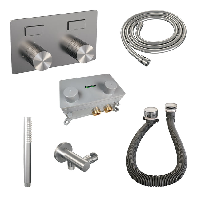 BRAUER Stripe thermostatische inbouw badkraan met drukknoppen SET 03 met badvulcombinatie en staaf handdouche en doucheslang en wandaansluitbocht RVS-kleurig geborsteld PVD 5-NG-361