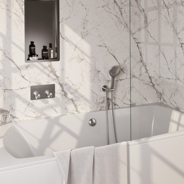 BRAUER Stripe thermostatische inbouw badkraan met drukknoppen SET 04 met badvulcombinatie en 3-standen handdouche en doucheslang en wandaansluitbocht RVS-kleurig geborsteld PVD 5-NG-362