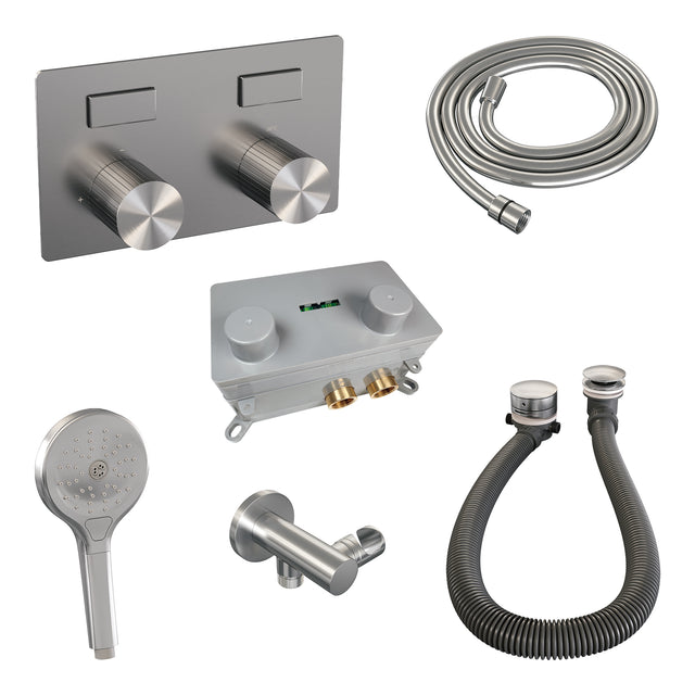 BRAUER Stripe thermostatische inbouw badkraan met drukknoppen SET 04 met badvulcombinatie en 3-standen handdouche en doucheslang en wandaansluitbocht RVS-kleurig geborsteld PVD 5-NG-362