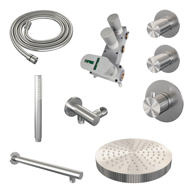 BRAUER Stripe thermostatische inbouw regendouche SET 01 met 25 cm douchekop en rechte muurarm en staaf handdouche en doucheslang en wandaansluitbocht RVS-kleurig geborsteld PVD 5-NG-365