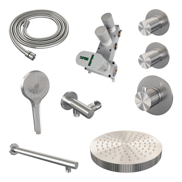 BRAUER Stripe thermostatische inbouw regendouche SET 04 met 25 cm douchekop en rechte muurarm en 3-standen handdouche en doucheslang en wandaansluitbocht RVS-kleurig geborsteld PVD 5-NG-371