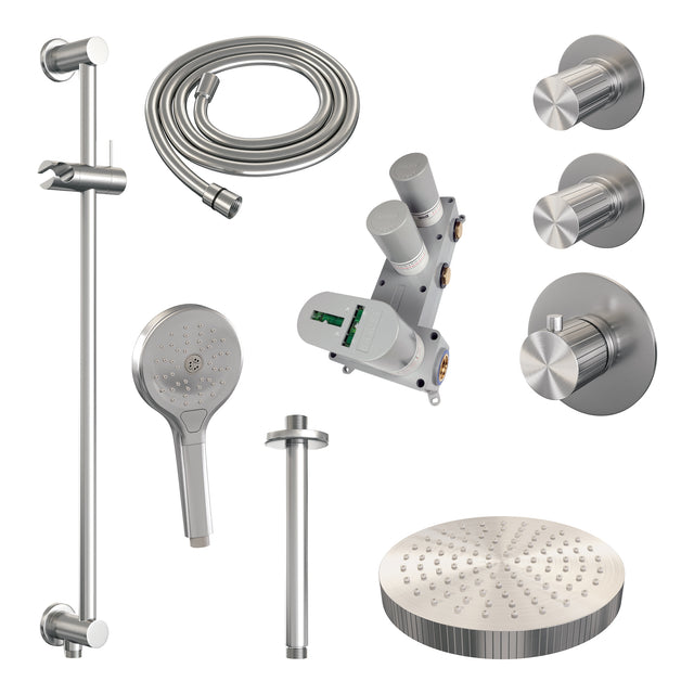 BRAUER Stripe thermostatische inbouw regendouche SET 12 met 25 cm douchekop en plafondarm en 3-standen handdouche en doucheslang en geïntegreerde glijstang RVS-kleurig geborsteld PVD 5-NG-387