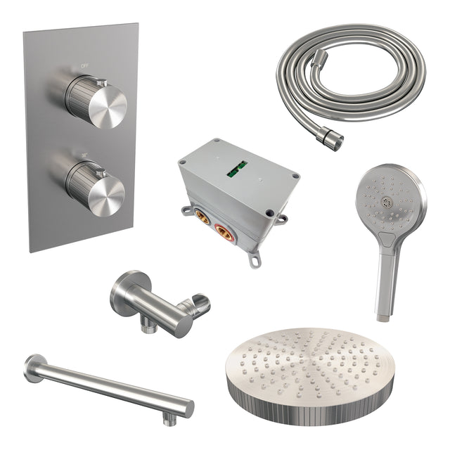 BRAUER Stripe thermostatische inbouw regendouche 3-weg rechthoekig SET 16 met 25 cm douchekop en rechte muurarm en 3-standen handdouche en doucheslang en wandaansluitbocht RVS-kleurig geborsteld PVD 5-NG-395