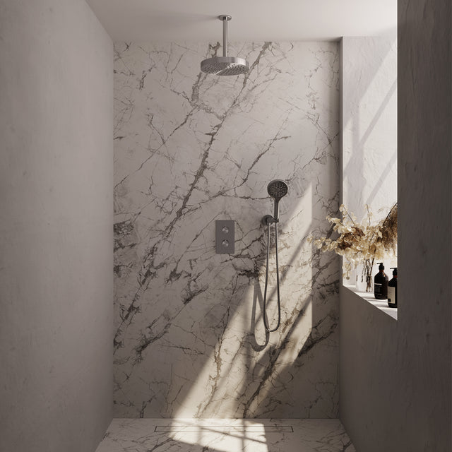 BRAUER Stripe thermostatische inbouw regendouche 3-weg rechthoekig SET 18 met 25 cm douchekop en plafondarm en 3-standen handdouche en doucheslang en wandaansluitbocht RVS-kleurig geborsteld PVD 5-NG-399