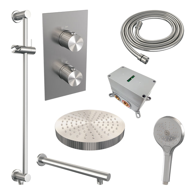 BRAUER Stripe thermostatische inbouw regendouche 3-weg rechthoekig SET 22 met 25 cm douchekop en rechte muurarm en 3-standen handdouche en doucheslang en geïntegreerde glijstang RVS-kleurig geborsteld PVD 5-NG-407