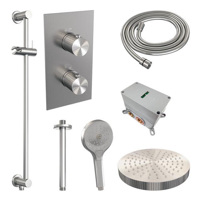 BRAUER Stripe thermostatische inbouw regendouche 3-weg rechthoekig SET 24 met 25 cm douchekop en plafondarm en 3-standen handdouche en doucheslang en geïntegreerde glijstang RVS-kleurig geborsteld PVD 5-NG-411