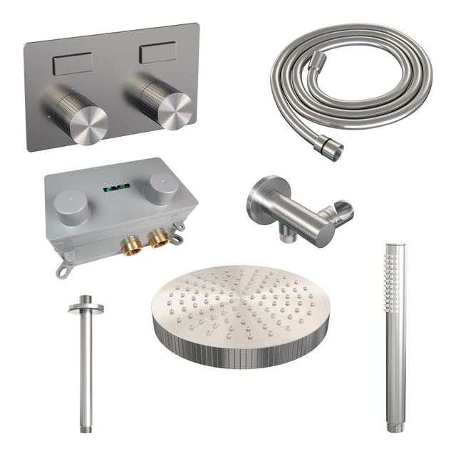 BRAUER Stripe thermostatische inbouw regendouche met drukknoppen SET 27 met 25 cm douchekop en plafondarm en staaf handdouche en doucheslang en wandaansluitbocht RVS-kleurig geborsteld PVD 5-NG-417