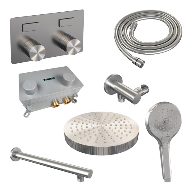 BRAUER Stripe thermostatische inbouw regendouche met drukknoppen SET 28 met 25 cm douchekop en rechte muurarm en 3-standen handdouche en doucheslang en wandaansluitbocht RVS-kleurig geborsteld PVD 5-NG-419