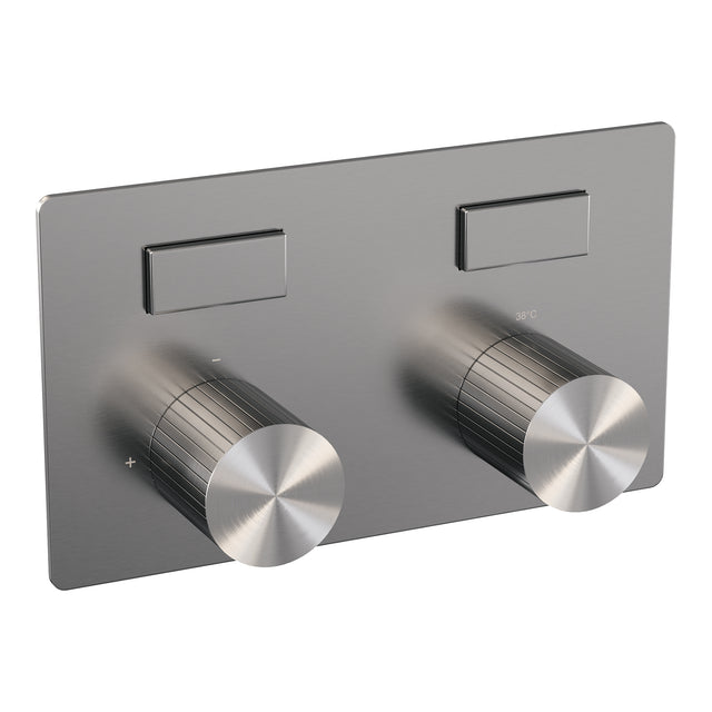BRAUER Stripe thermostatische inbouw regendouche met drukknoppen SET 28 met 25 cm douchekop en rechte muurarm en 3-standen handdouche en doucheslang en wandaansluitbocht RVS-kleurig geborsteld PVD 5-NG-419