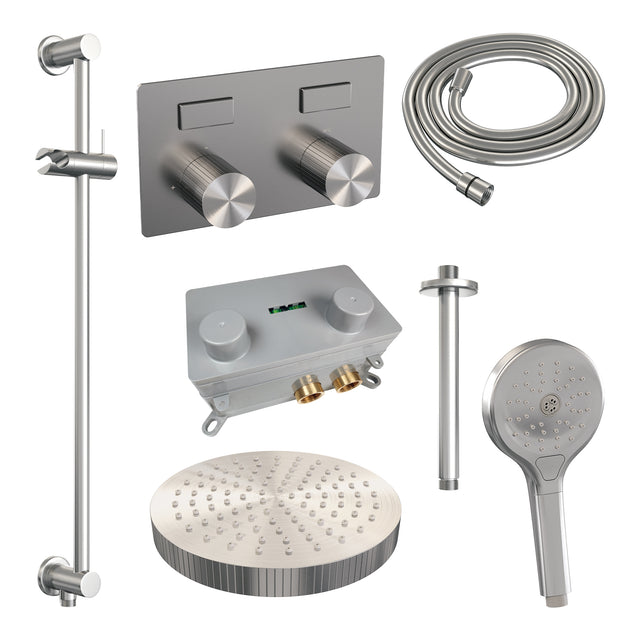 BRAUER Stripe thermostatische inbouw regendouche met drukknoppen SET 36 met 25 cm douchekop en plafondarm en 3-standen handdouche en doucheslang en geïntegreerde glijstang RVS-kleurig geborsteld PVD 5-NG-435