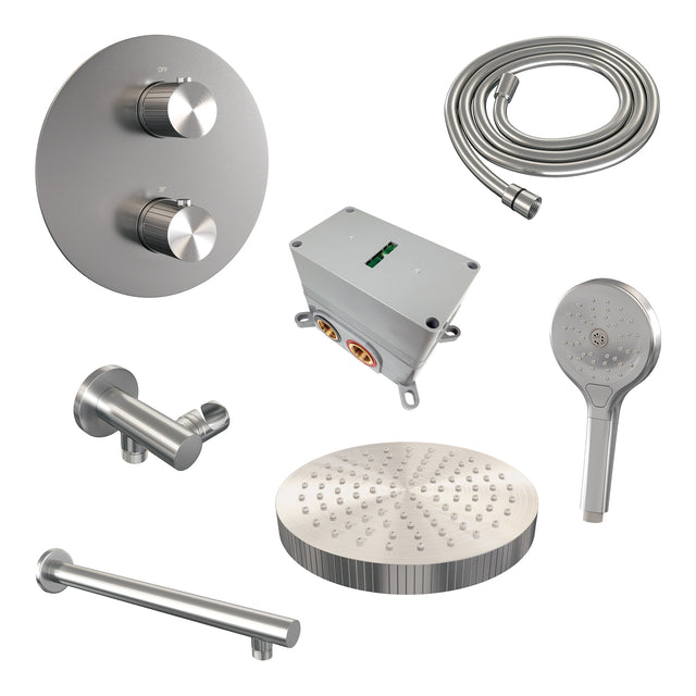 BRAUER Stripe thermostatische inbouw regendouche 3-weg rond SET 40 met 25 cm douchekop en rechte muurarm en 3-standen handdouche en doucheslang en wandaansluitbocht RVS-kleurig geborsteld PVD 5-NG-443
