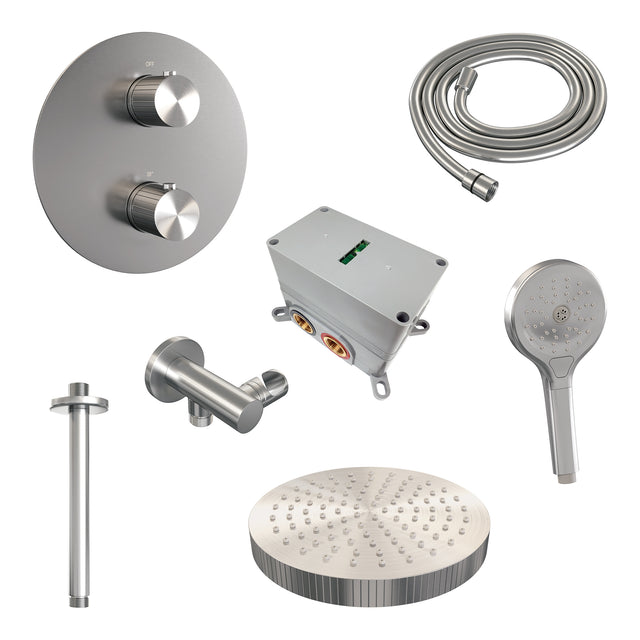 BRAUER Stripe thermostatische inbouw regendouche 3-weg rond SET 42 met 25 cm douchekop en plafondarm en 3-standen handdouche en doucheslang en wandaansluitbocht RVS-kleurig geborsteld PVD 5-NG-447