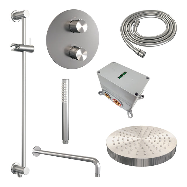 BRAUER Stripe thermostatische inbouw regendouche 3-weg rond SET 44 met 25 cm douchekop en gebogen muurarm en staaf handdouche en doucheslang en geïntegreerde glijstang RVS-kleurig geborsteld PVD 5-NG-451