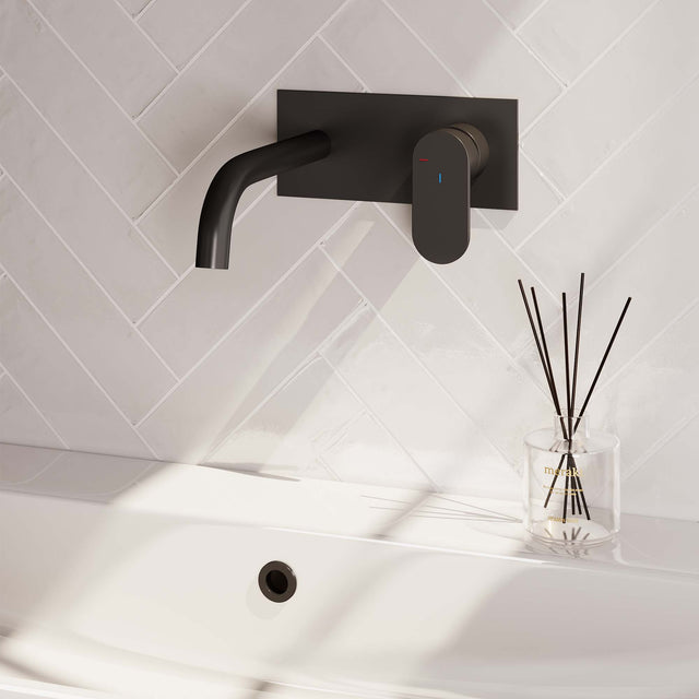 BRAUER Black Edition inbouw wastafelmengkraan met gebogen uitloop en afdekplaat model C1 mat zwart