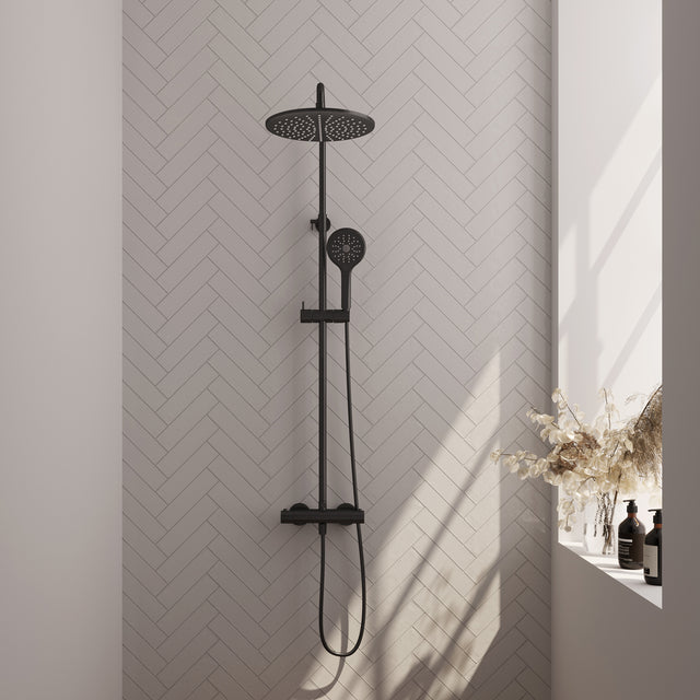 BRAUER Black Edition opbouw thermostatische regendouche SET 04 met 30 cm douchekop en 3-standen handdouche en doucheslang mat zwart