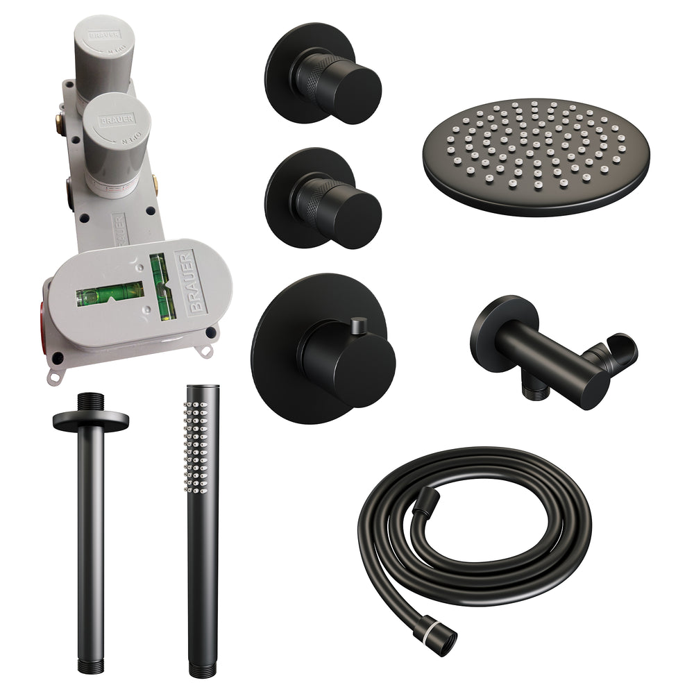 BRAUER Black Edition thermostatische inbouw regendouche SET 05 met 20 cm douchekop en plafondarm en staaf handdouche en doucheslang en wandaansluitbocht mat zwart