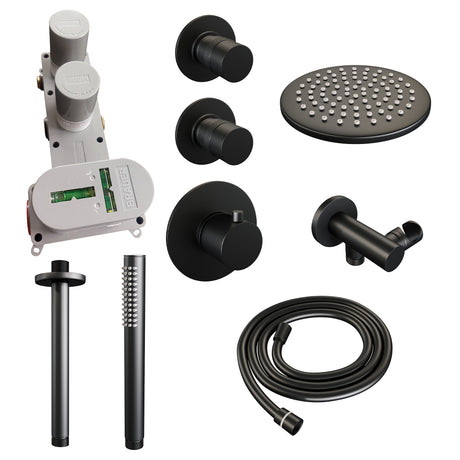 BRAUER Black Edition thermostatische inbouw regendouche SET 05 met 20 cm douchekop en plafondarm en staaf handdouche en doucheslang en wandaansluitbocht mat zwart