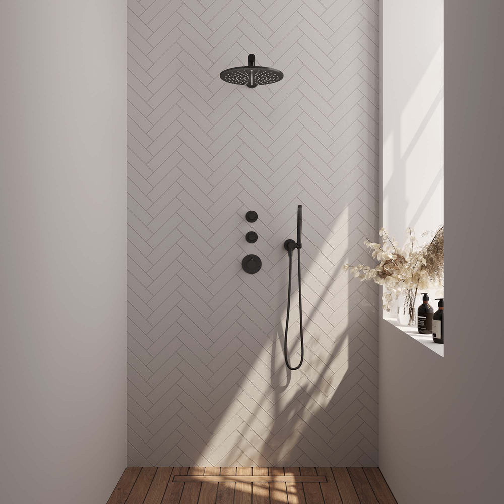 BRAUER Black Edition thermostatische inbouw regendouche SET 02 met 30 cm douchekop en rechte muurarm en staaf handdouche en doucheslang en wandaansluitbocht mat zwart