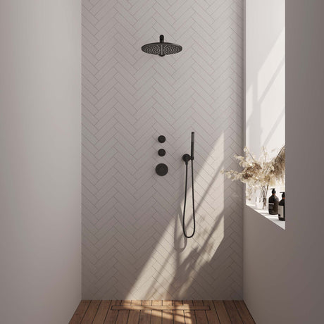 BRAUER Black Edition thermostatische inbouw regendouche SET 02 met 30 cm douchekop en rechte muurarm en staaf handdouche en doucheslang en wandaansluitbocht mat zwart