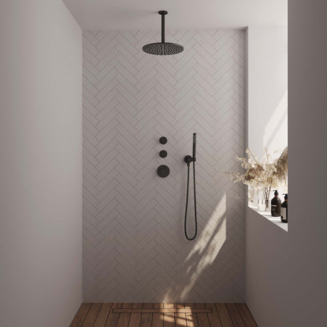 BRAUER Black Edition thermostatische inbouw regendouche SET 06 met 30 cm douchekop en plafondarm en staaf handdouche en doucheslang en wandaansluitbocht mat zwart