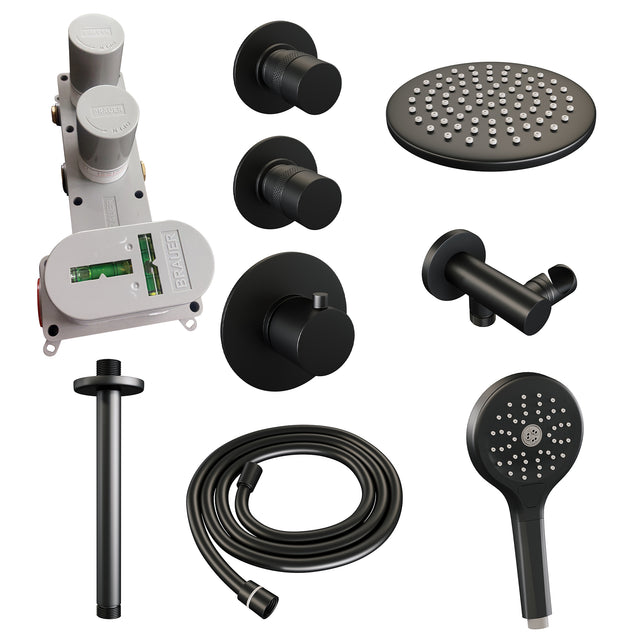 BRAUER Black Edition thermostatische inbouw regendouche SET 11 met 20 cm douchekop en plafondarm en 3-standen handdouche en doucheslang en wandaansluitbocht mat zwart