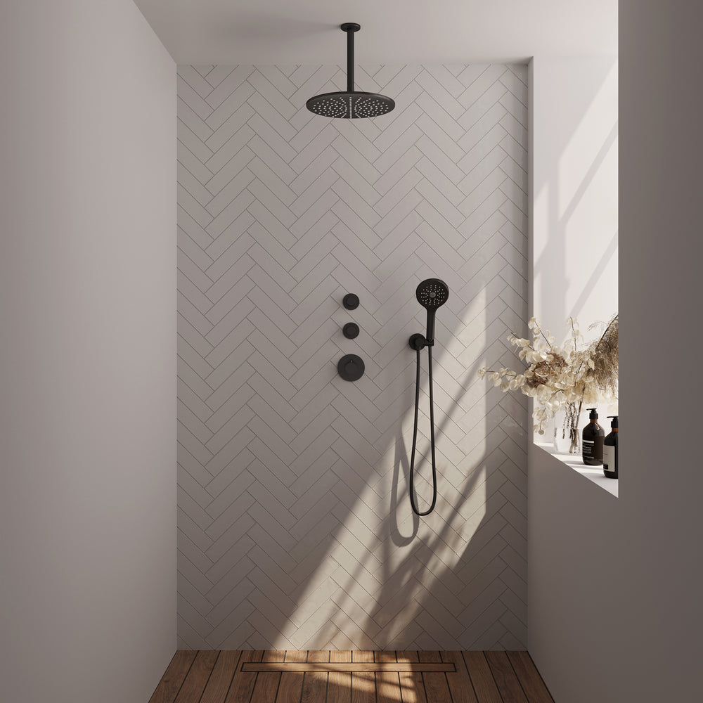 BRAUER Black Edition thermostatische inbouw regendouche SET 12 met 30 cm douchekop en plafondarm en 3-standen handdouche en doucheslang en wandaansluitbocht mat zwart