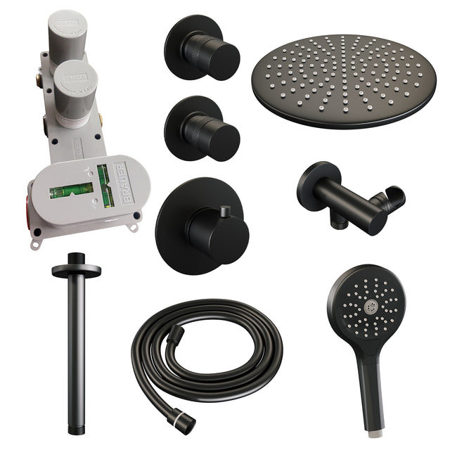 BRAUER Black Edition thermostatische inbouw regendouche SET 12 met 30 cm douchekop en plafondarm en 3-standen handdouche en doucheslang en wandaansluitbocht mat zwart