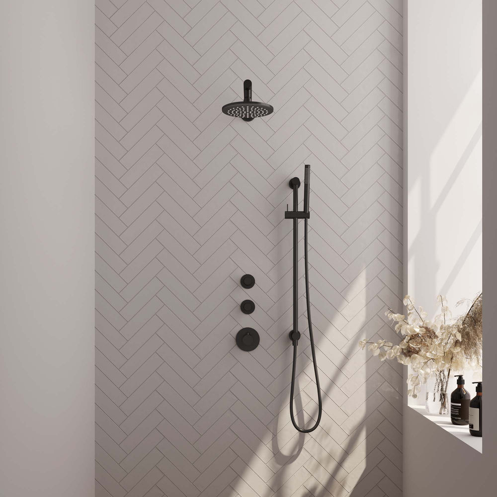 BRAUER Black Edition thermostatische inbouw regendouche SET 13 met 20 cm douchekop en rechte muurarm en staaf handdouche en doucheslang en geïntegreerde glijstang mat zwart