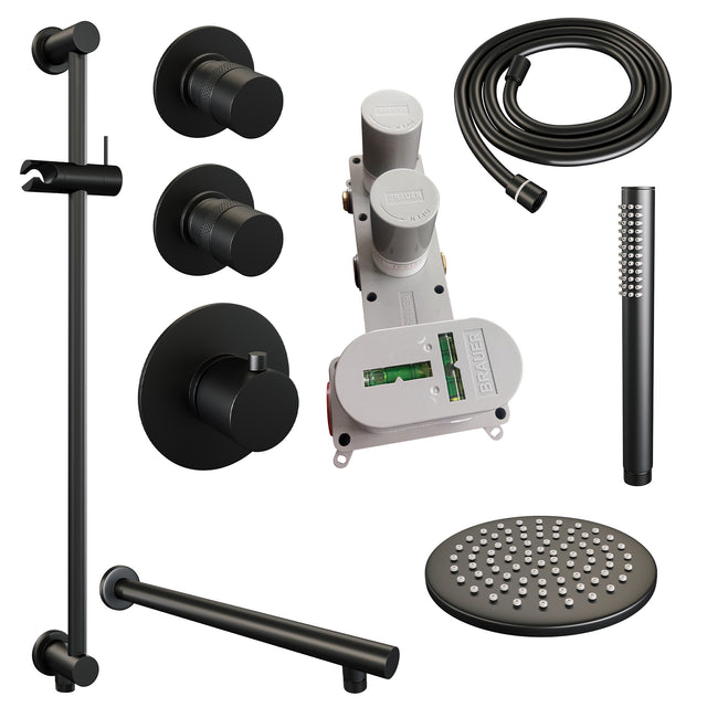 BRAUER Black Edition thermostatische inbouw regendouche SET 13 met 20 cm douchekop en rechte muurarm en staaf handdouche en doucheslang en geïntegreerde glijstang mat zwart