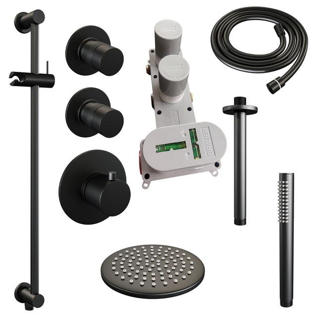 BRAUER Black Edition thermostatische inbouw regendouche SET 17 met 20 cm douchekop en plafondarm en staaf handdouche en doucheslang en geïntegreerde glijstang mat zwart