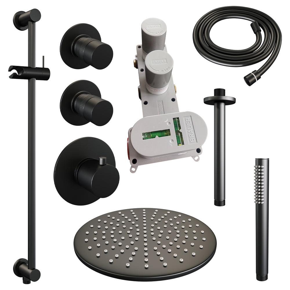 BRAUER Black Edition thermostatische inbouw regendouche SET 18 met 30 cm douchekop en plafondarm en staaf handdouche en doucheslang en geïntegreerde glijstang mat zwart