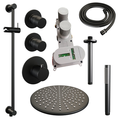 BRAUER Black Edition thermostatische inbouw regendouche SET 18 met 30 cm douchekop en plafondarm en staaf handdouche en doucheslang en geïntegreerde glijstang mat zwart