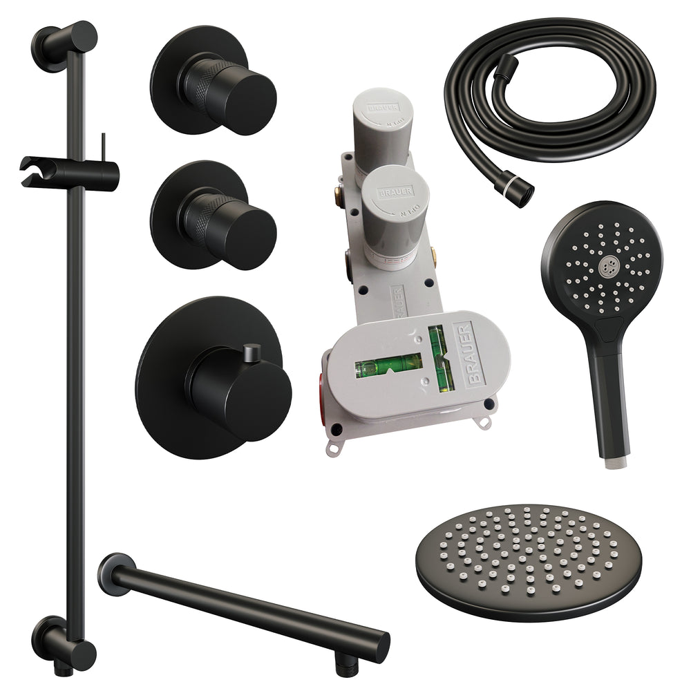 BRAUER Black Edition thermostatische inbouw regendouche SET 19 met 20 cm douchekop en rechte muurarm en 3-standen handdouche en doucheslang en geïntegreerde glijstang mat zwart