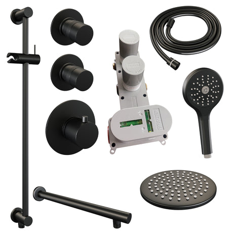 BRAUER Black Edition thermostatische inbouw regendouche SET 19 met 20 cm douchekop en rechte muurarm en 3-standen handdouche en doucheslang en geïntegreerde glijstang mat zwart
