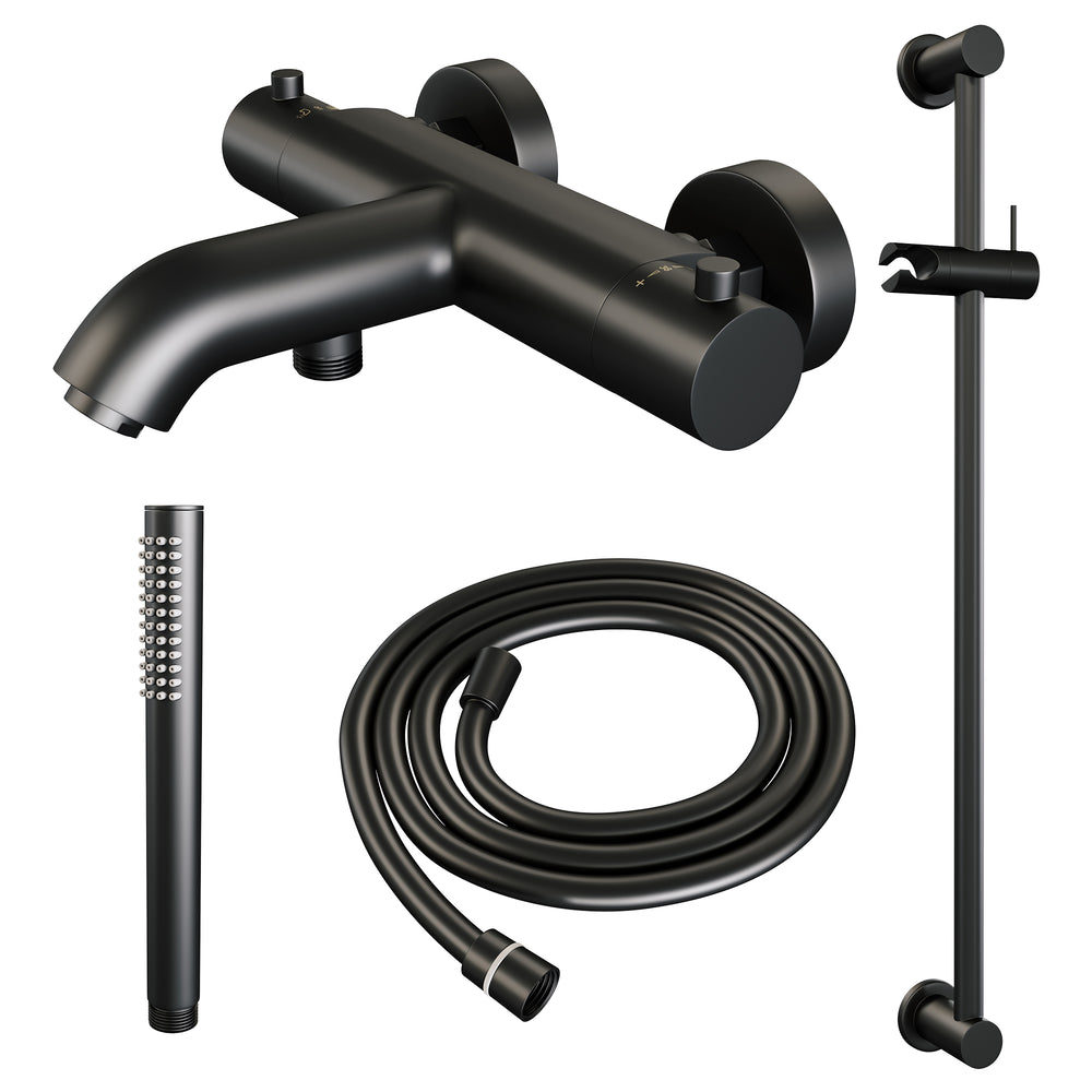 BRAUER Black Edition opbouw baddouche thermostaatkraan SET 01 met glijstang en staaf handdouche en doucheslang mat zwart