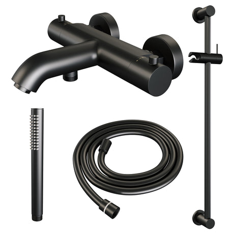 BRAUER Black Edition opbouw baddouche thermostaatkraan SET 01 met glijstang en staaf handdouche en doucheslang mat zwart