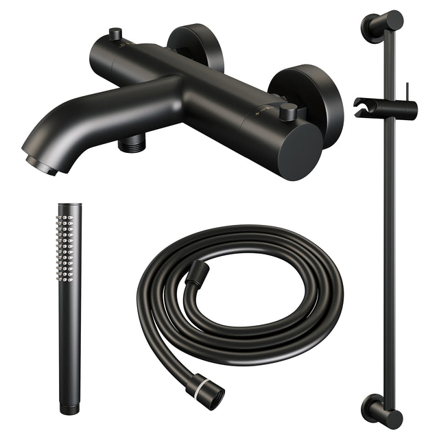 BRAUER Black Edition opbouw baddouche thermostaatkraan SET 01 met glijstang en staaf handdouche en doucheslang mat zwart