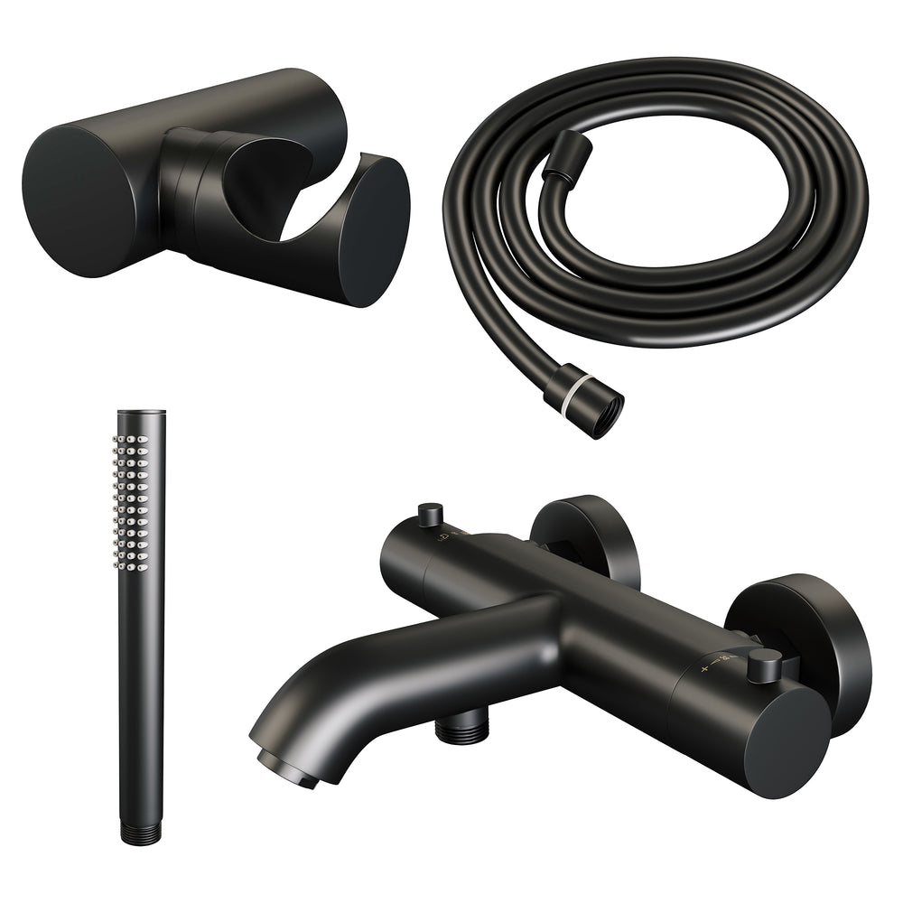 BRAUER Black Edition opbouw baddouche thermostaatkraan SET 03 met wandhouder en staaf handdouche en doucheslang mat zwart