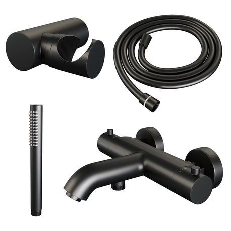 BRAUER Black Edition opbouw baddouche thermostaatkraan SET 03 met wandhouder en staaf handdouche en doucheslang mat zwart