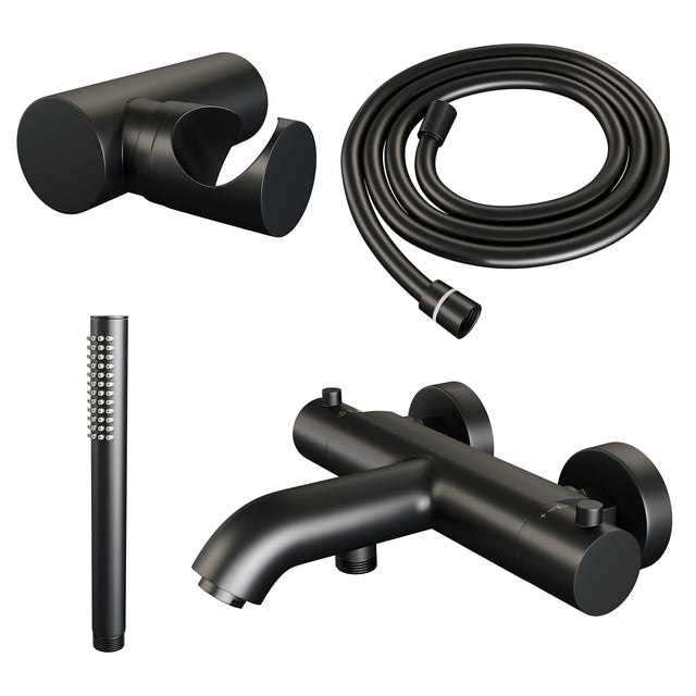 BRAUER Black Edition opbouw baddouche thermostaatkraan SET 03 met wandhouder en staaf handdouche en doucheslang mat zwart
