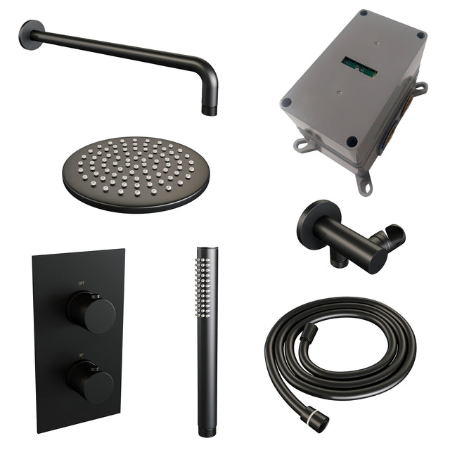 BRAUER Black Edition thermostatische inbouw regendouche 3-weg omstelling SET 27 met 20 cm douchekop en gebogen muurarm en staaf handdouche en doucheslang en wandaansluitbocht mat zwart