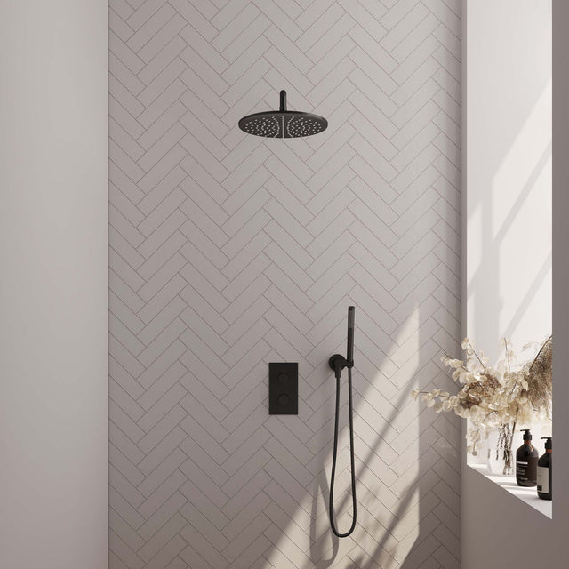 BRAUER Black Edition thermostatische inbouw regendouche 3-weg omstelling SET 28 met 30 cm douchekop en gebogen muurarm en staaf handdouche en doucheslang en wandaansluitbocht mat zwart