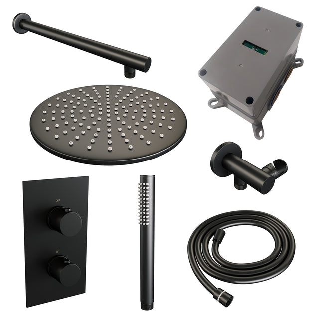 BRAUER Black Edition thermostatische inbouw regendouche 3-weg omstelling SET 26 met 30 cm douchekop en rechte muurarm en staaf handdouche en doucheslang en wandaansluitbocht mat zwart