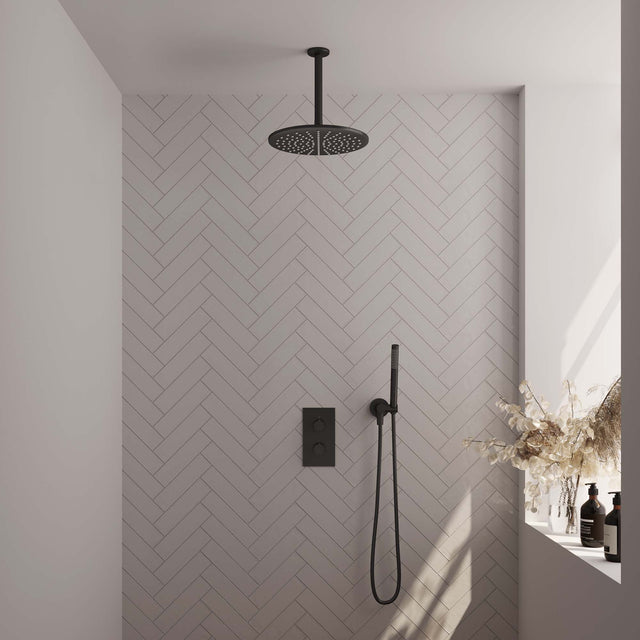 BRAUER Black Edition thermostatische inbouw regendouche 3-weg omstelling SET 30 met 30 cm douchekop en plafondarm en staaf handdouche en doucheslang en wandaansluitbocht mat zwart