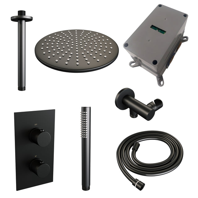 BRAUER Black Edition thermostatische inbouw regendouche 3-weg omstelling SET 30 met 30 cm douchekop en plafondarm en staaf handdouche en doucheslang en wandaansluitbocht mat zwart
