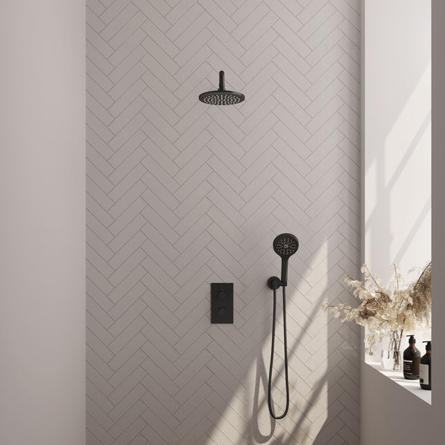 BRAUER Black Edition thermostatische inbouw regendouche 3-weg omstelling SET 33 met 20 cm douchekop en gebogen muurarm en 3-standen handdouche en doucheslang en wandaansluitbocht mat zwart
