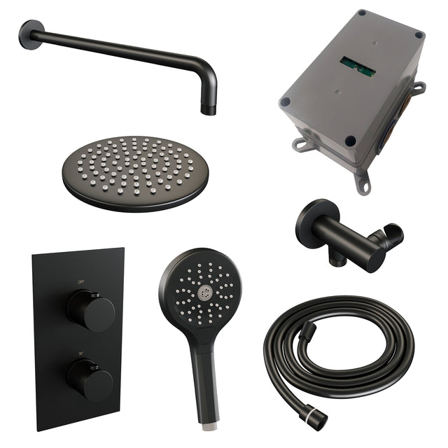 BRAUER Black Edition thermostatische inbouw regendouche 3-weg omstelling SET 33 met 20 cm douchekop en gebogen muurarm en 3-standen handdouche en doucheslang en wandaansluitbocht mat zwart