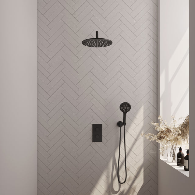 BRAUER Black Edition thermostatische inbouw regendouche 3-weg omstelling SET 34 met 30 cm douchekop en gebogen muurarm en 3-standen handdouche en doucheslang en wandaansluitbocht mat zwart